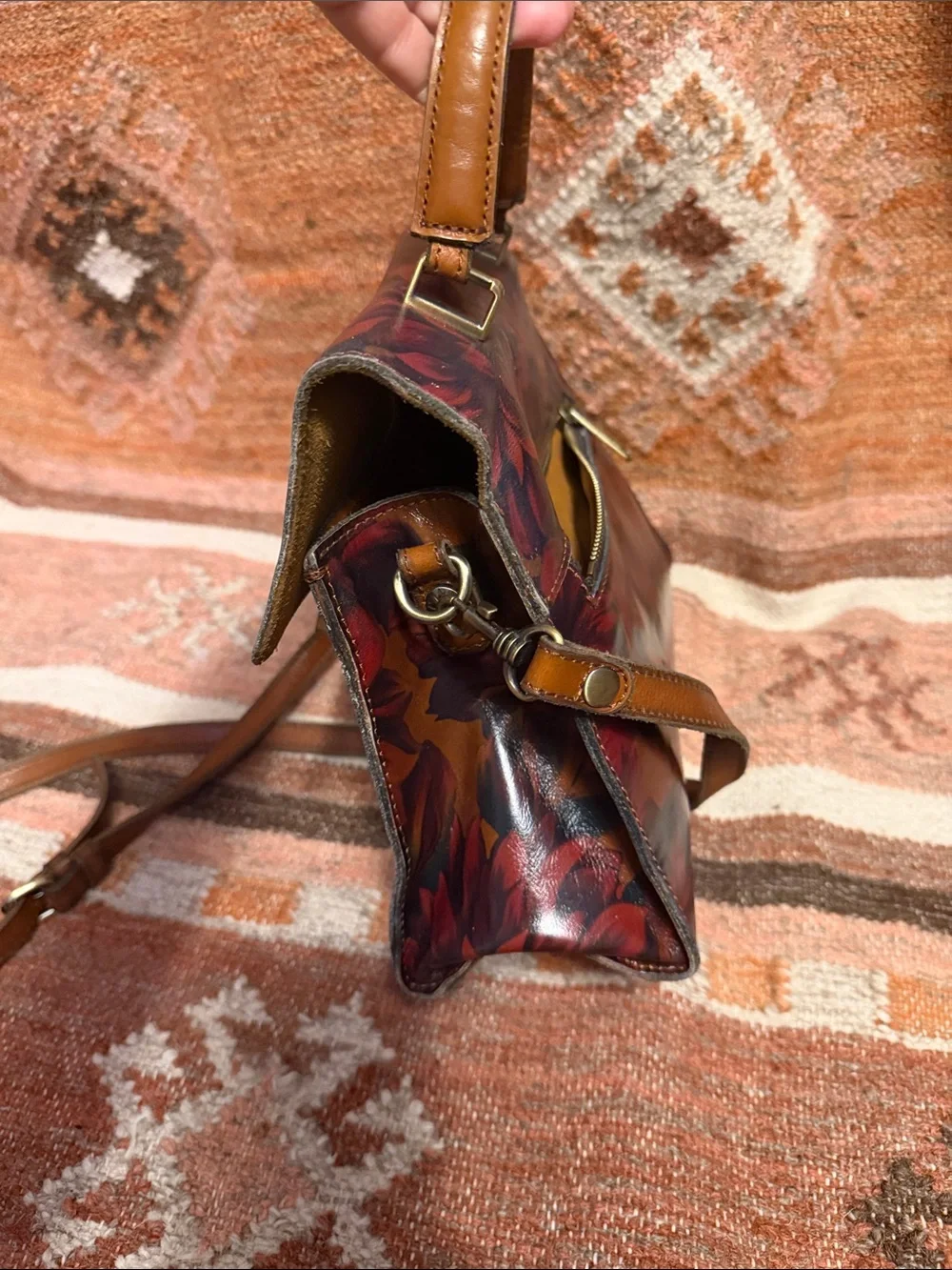 Patricia Nash Leather Chauny Poppy Red Forest Tan Print on All Sides